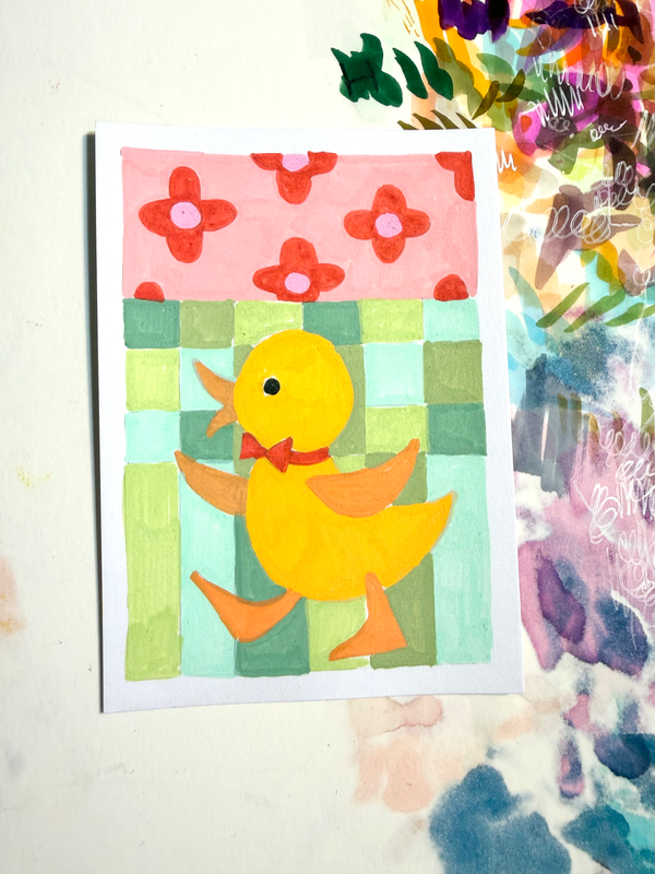 ACEO Original Acrylic Abstract Quilt Bird Duckling Painting ATC Collectable Heavy Paper  #1 Quilt aceo art card