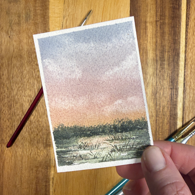 ACEO Watercolor, Landscape, Original, Marsh, “Marsh Sunrise”, 3.5x2.5in, By Lark Watercolor and Art aceo art card thumbnail 2