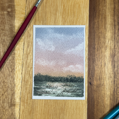 ACEO Watercolor, Landscape, Original, Marsh, “Marsh Sunrise”, 3.5x2.5in, By Lark Watercolor and Art aceo art card thumbnail 3