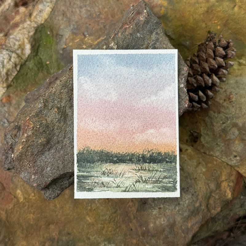 ACEO Watercolor, Landscape, Original, Marsh, “Marsh Sunrise”, 3.5x2.5in, By Lark Watercolor and Art aceo art card