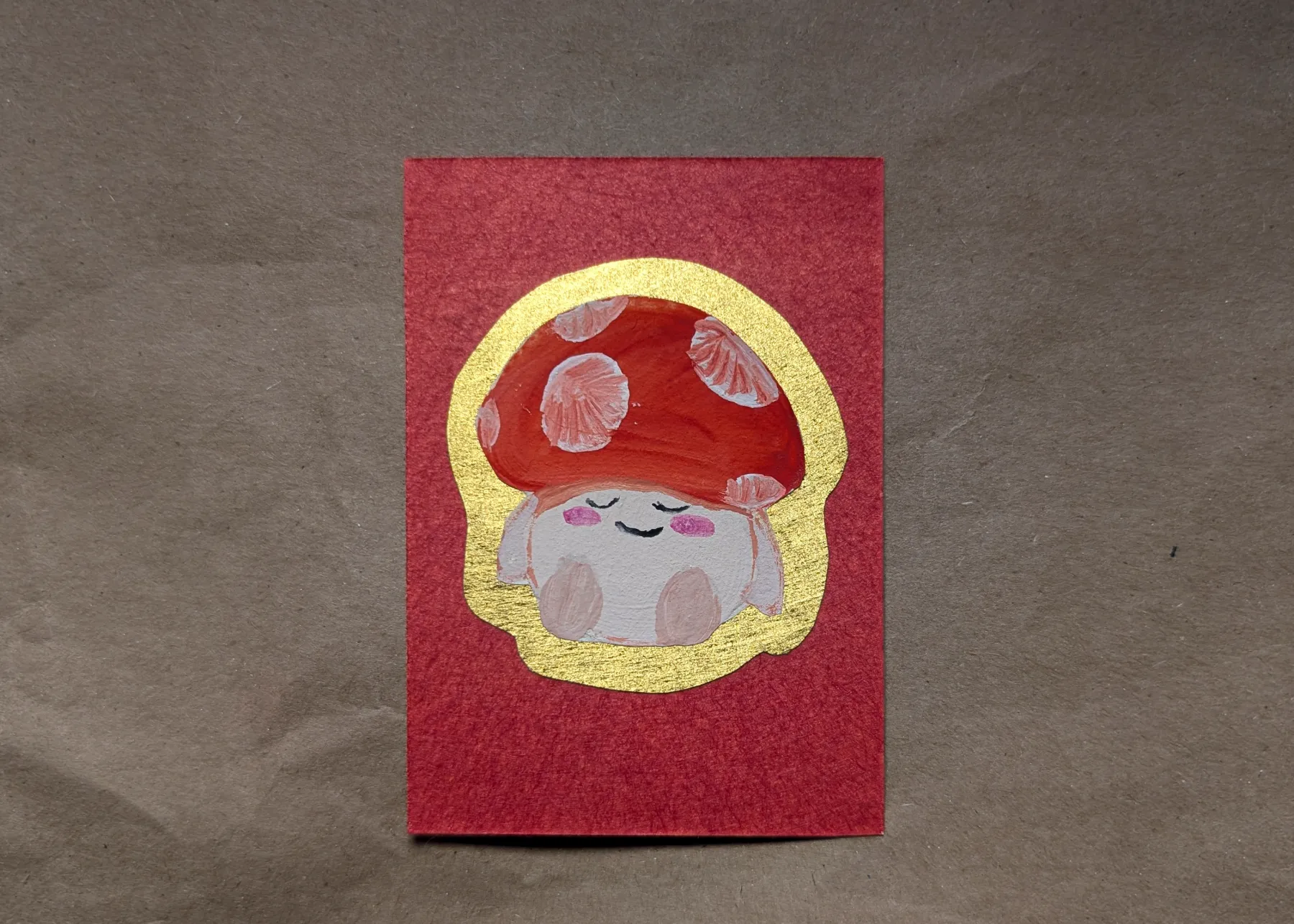 Hand Painted Mushroom Baby on Calligraphy & Decorative Paper - Gold Metallic Border aceo art card