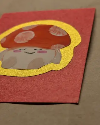 Hand Painted Mushroom Baby on Calligraphy & Decorative Paper - Gold Metallic Border aceo art card thumbnail 2