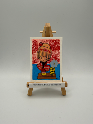 Red Kokeshi with Flower Vase Original ACEO by Lyndsay Aznaurov aceo art card thumbnail 2