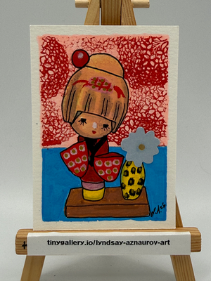 Red Kokeshi with Flower Vase Original ACEO by Lyndsay Aznaurov aceo art card thumbnail 3