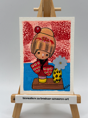 Red Kokeshi with Flower Vase Original ACEO by Lyndsay Aznaurov aceo art card thumbnail 1