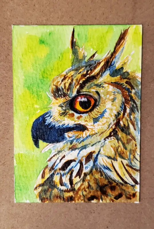 Great Horned Owl watercolor aceo art card