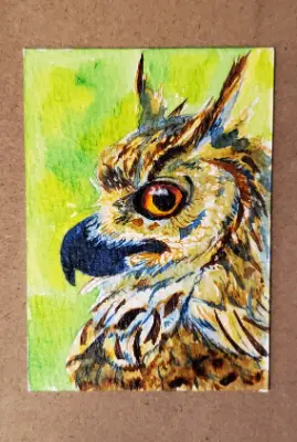 Great Horned Owl watercolor aceo art card thumbnail 1