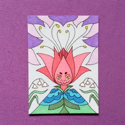 Original Fantasy Flower Creature Marker Illustration OOAK aceo art card thumbnail 1