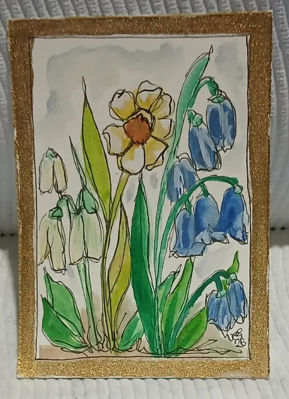 Giftable, Collectible, and Unique Spring Chorus in Bloom ACEO Bluebell Snowdrop Watercolor aceo art card