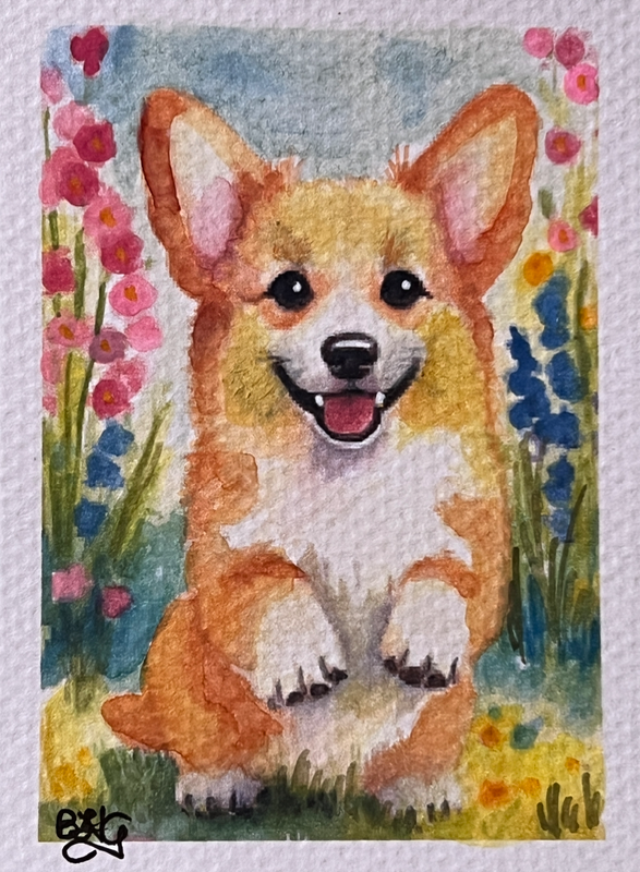 Sit Pretty Corgi aceo art card
