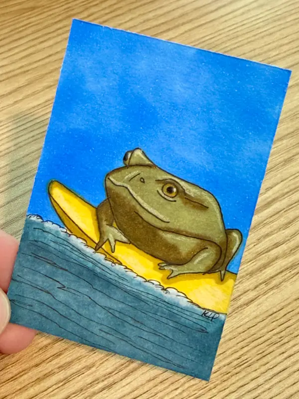 Surfing Toad aceo art card