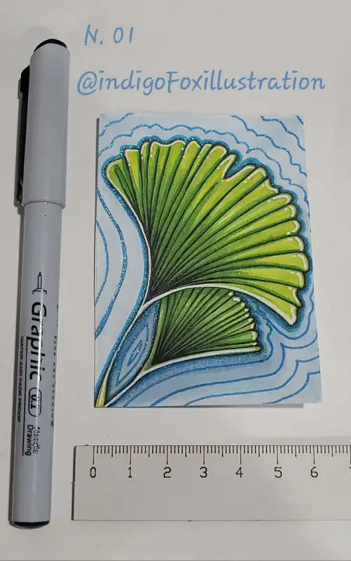Green Ginkgo Leaves On Water - Original ACEO with pen and alcohol marker - indigofoxillustration aceo art card