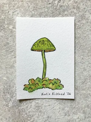 Tiny Green Mushroom and Moss - Gouache and Ink Illustration aceo art card thumbnail 2