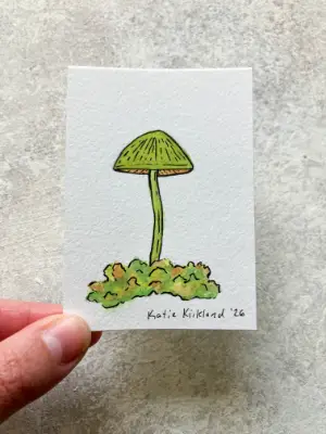 Tiny Green Mushroom and Moss - Gouache and Ink Illustration aceo art card thumbnail 1