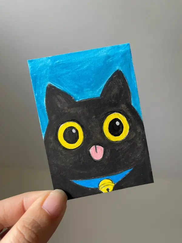 Black Cat with Tongue Out aceo art card