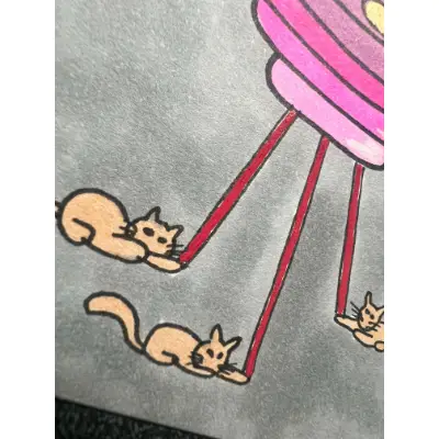 Alien Playing with Kitties Cats with Red Dot Laser - Quirky Playful Cosmic Space-themed Nerdcore aceo art card thumbnail 3
