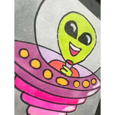 Alien Playing with Kitties Cats with Red Dot Laser - Quirky Playful Cosmic Space-themed Nerdcore aceo art card thumbnail 2