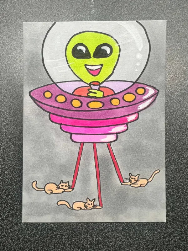 Alien Playing with Kitties Cats with Red Dot Laser - Quirky Playful Cosmic Space-themed Nerdcore aceo art card
