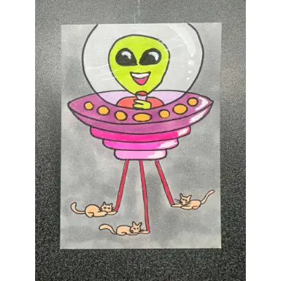Alien Playing with Kitties Cats with Red Dot Laser - Quirky Playful Cosmic Space-themed Nerdcore aceo art card thumbnail 1
