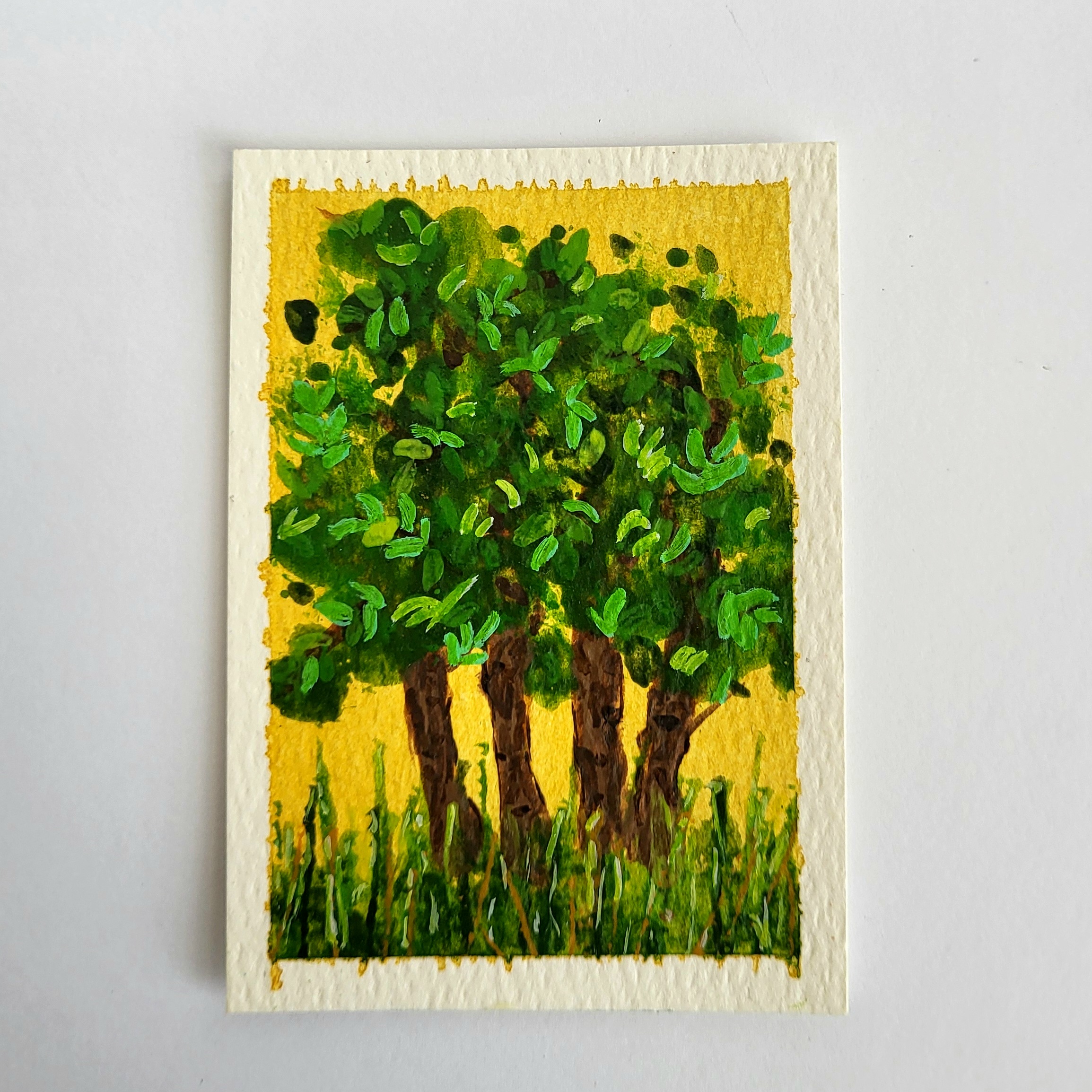 Story Book Trees on Yellow 2/2 aceo art card thumbnail 2