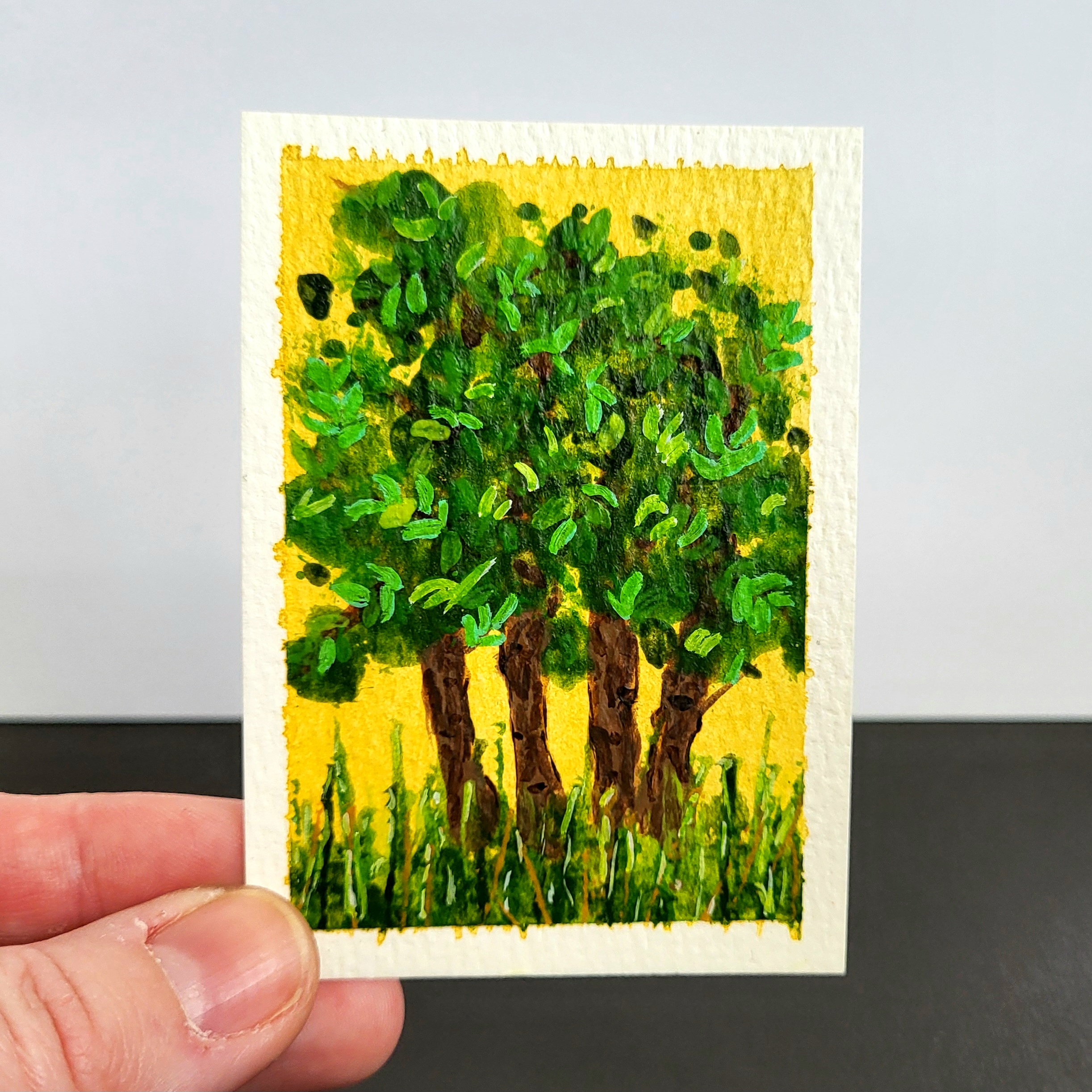 Story Book Trees on Yellow 2/2 aceo art card