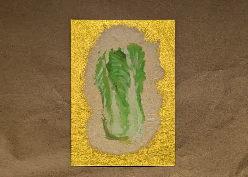Hand Painted Lucky Cabbage - Chinese New Year on Gold Metallic Background aceo art card