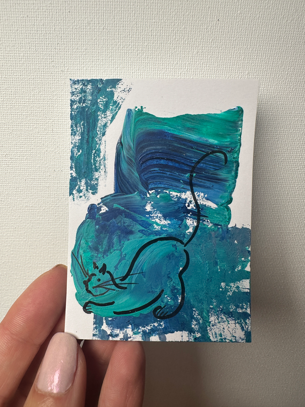 Cat Stretching downward dog aceo art card