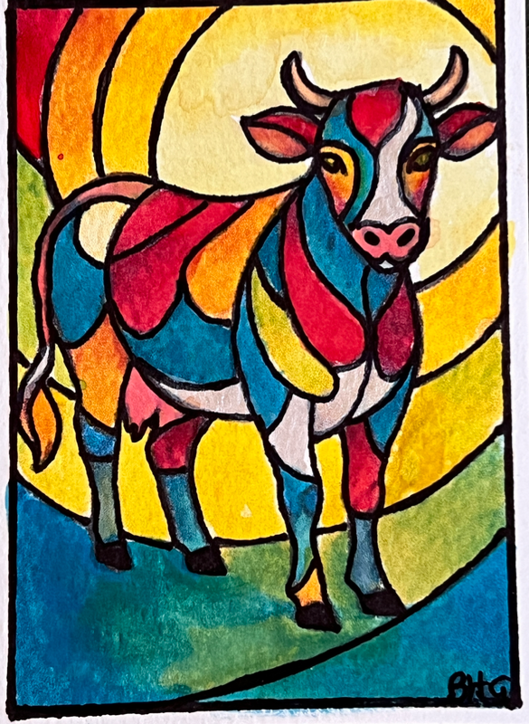Rainbow Cow aceo art card