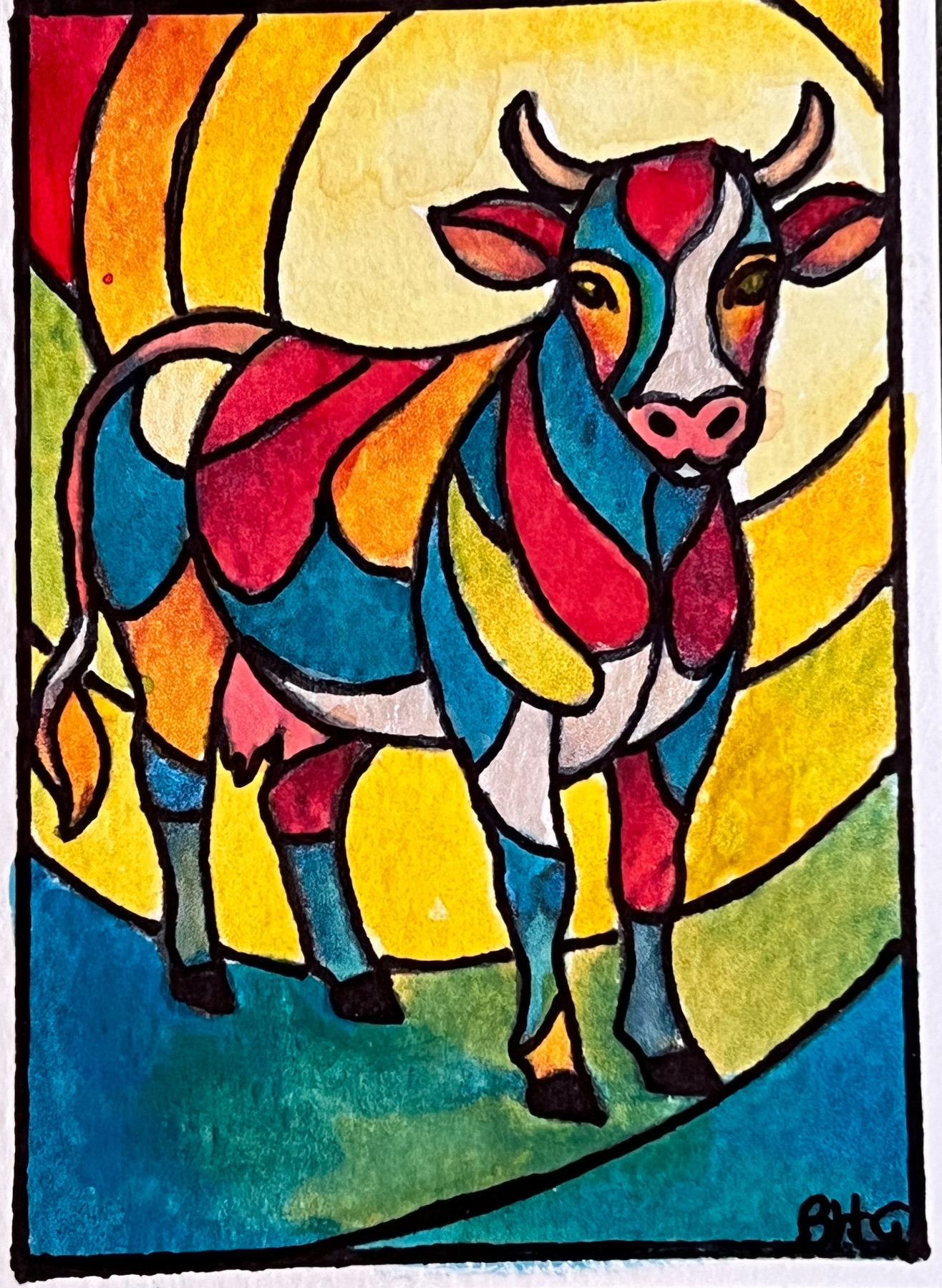 Rainbow Cow aceo art card