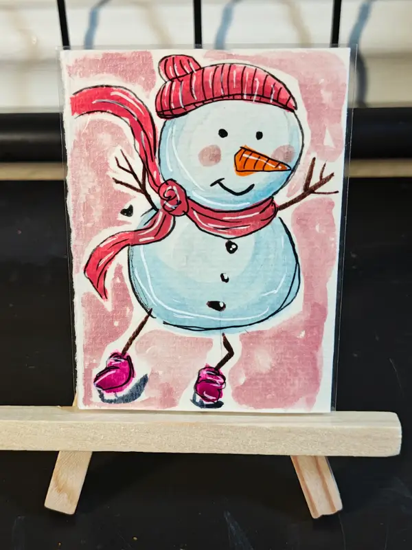 ACEO Pink shoes Gliding SnowFriend with Red Scarf and Hat by Jazmin aceo art card