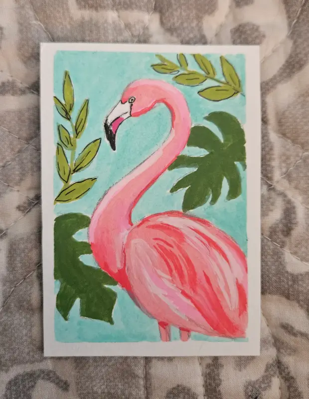 Flamingo with monstera aceo art card