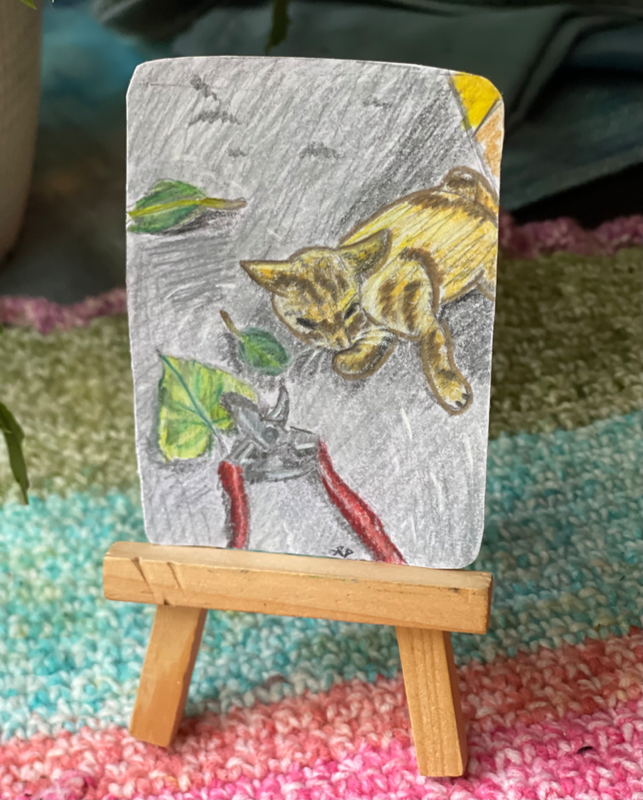 Cutting Flowers with the Cat aceo art card