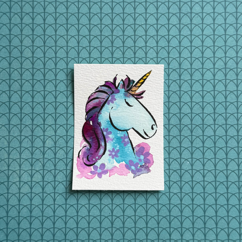 Blue Floral Unicorn aceo art card