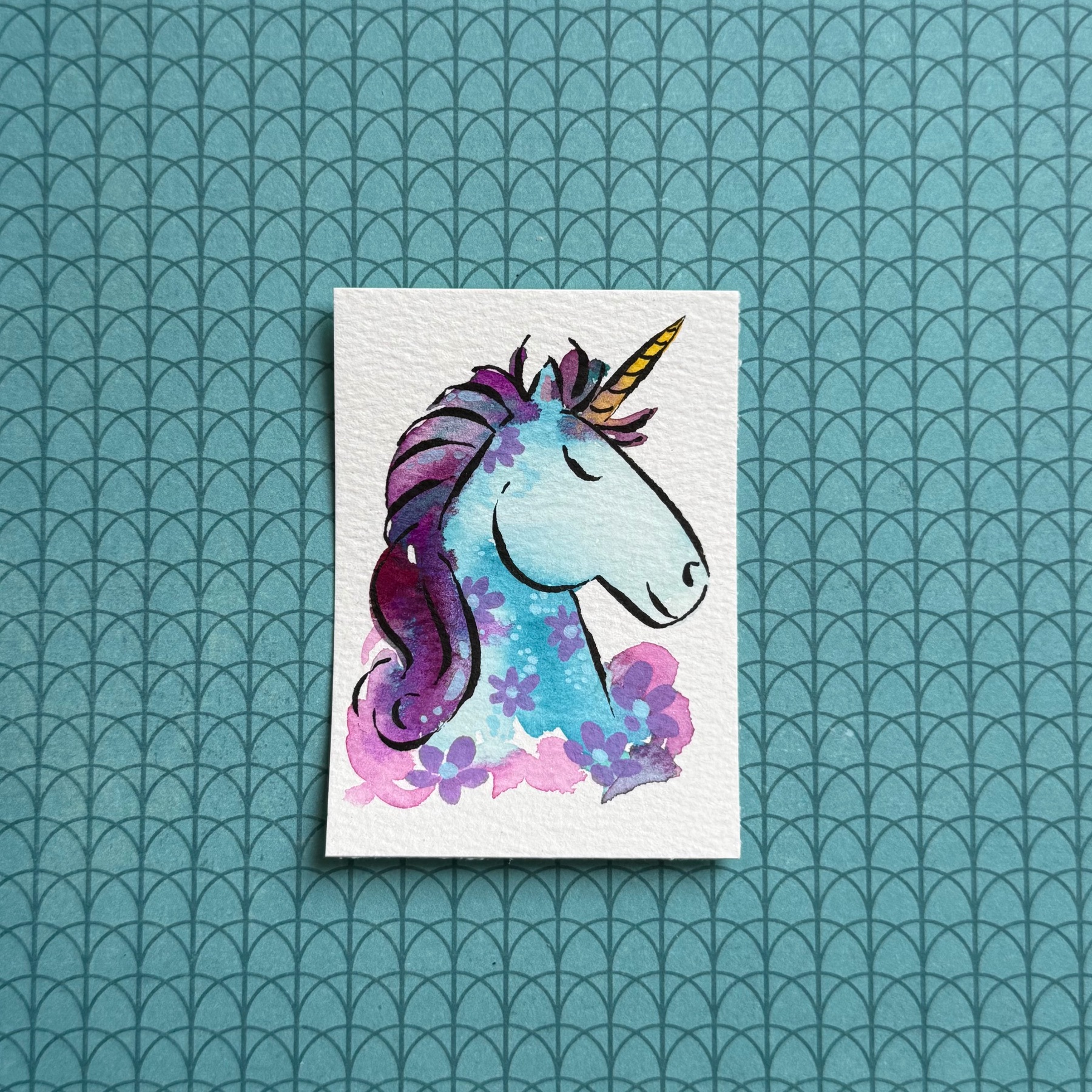 Blue Floral Unicorn aceo art card