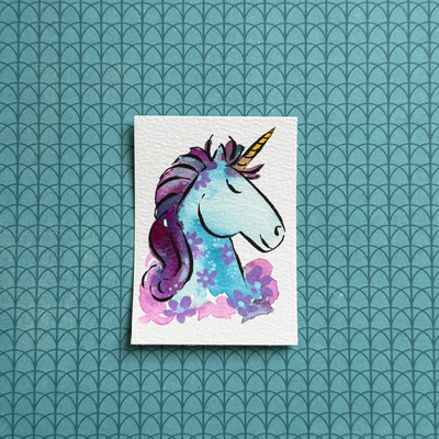 Blue Floral Unicorn aceo art card thumbnail 1