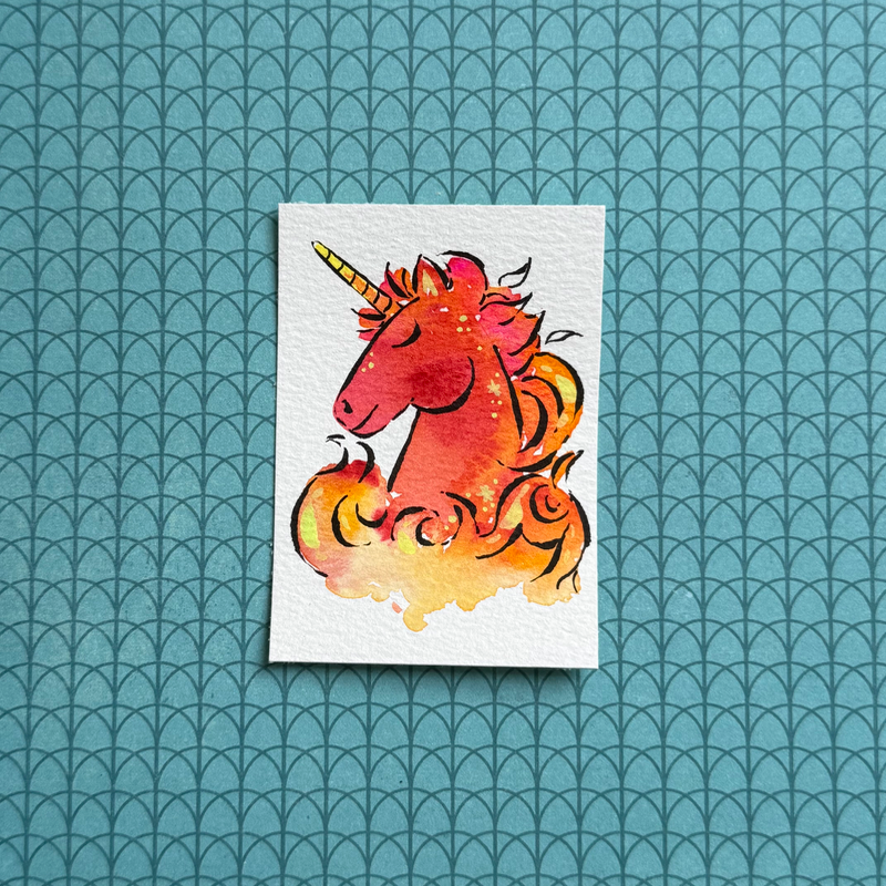 Flame Unicorn aceo art card