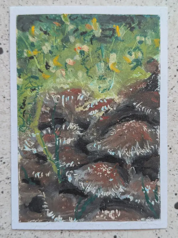 Mushroom & Clover (Oil Pastel) 2 of 2 - Najia Hutcherson aceo art card