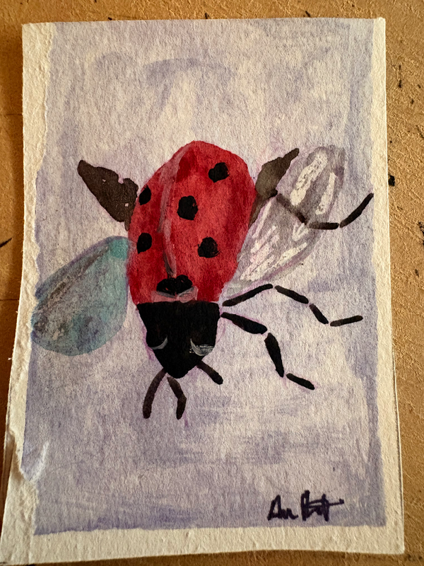 Lady Beetle Aceo original gauche on paper by Apryl 4/8 2.5”x3.5” aceo art card