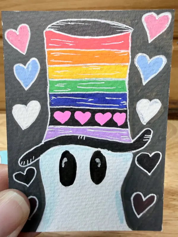 Whimsical and Colorful Pride Ghost Top Hat aceo art card