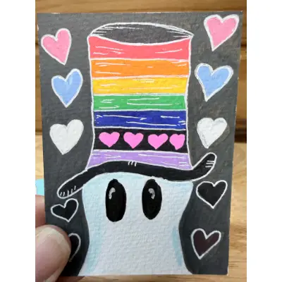 Whimsical and Colorful Pride Ghost Top Hat aceo art card thumbnail 1