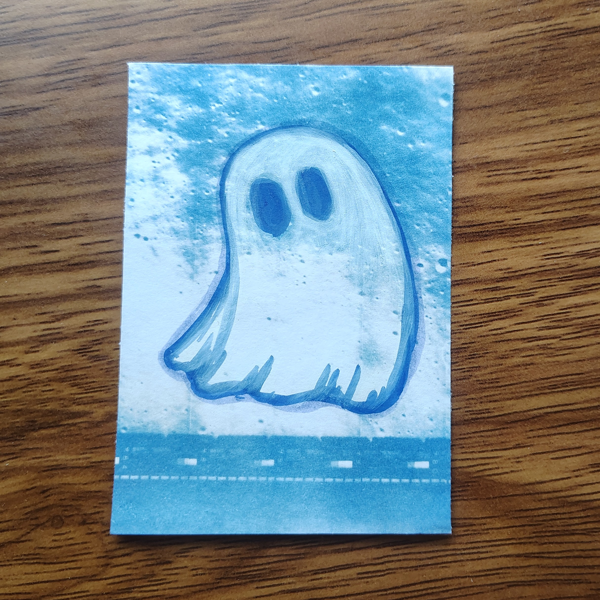 Moon Ghost, lunar cyanotype + acrylic painting aceo art card