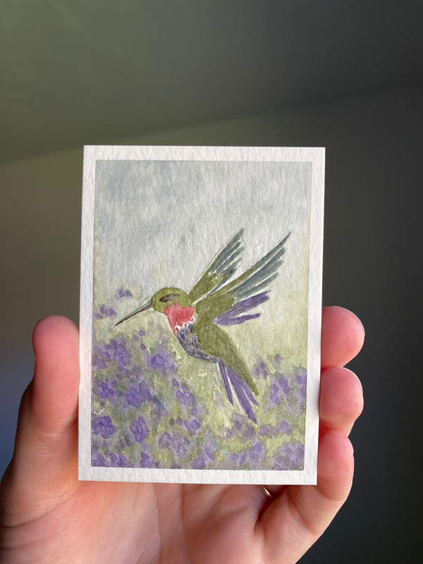 Hummingbird in Purple Blooms aceo art card