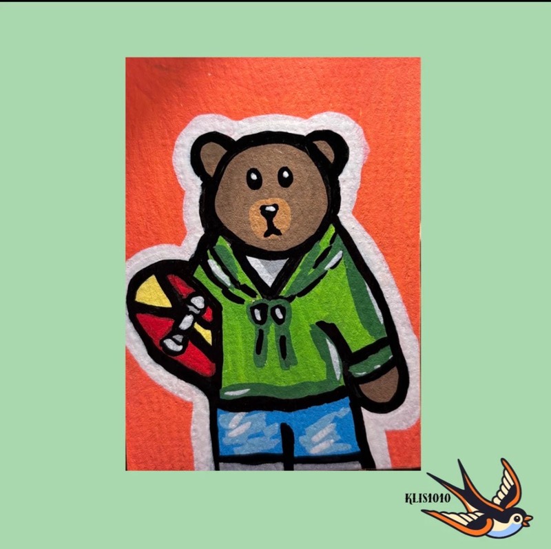 ACEO Original Artist Trading Card Mixed Media Skater Bear 2.5x3.5 On Paper SIGNED aceo art card