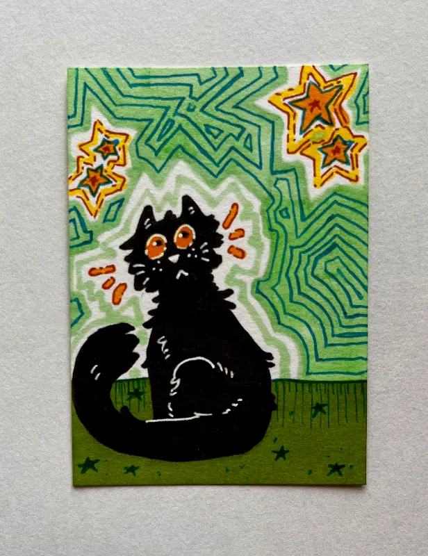 january black cat doodle series, 3/3 | pen, marker aceo art card