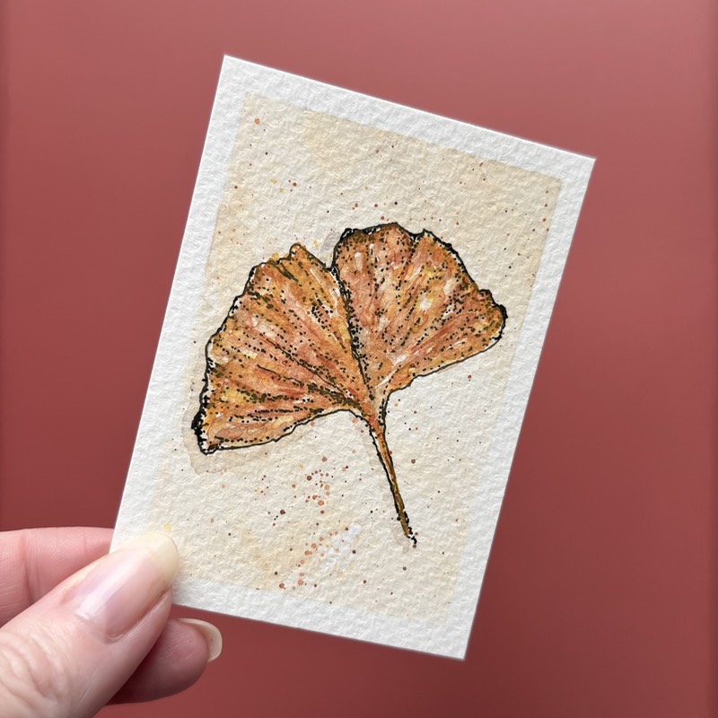 Fallen Gingko Leaf - Watercolor & Ink aceo art card