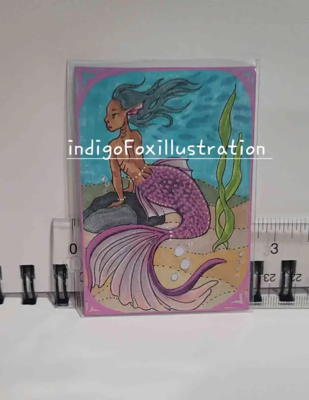 ♡ Purple Dream ♡ N. 06 - indigoFoxillustration - mermaid merfolk fantasy pearls fish ocean water fin aceo art card