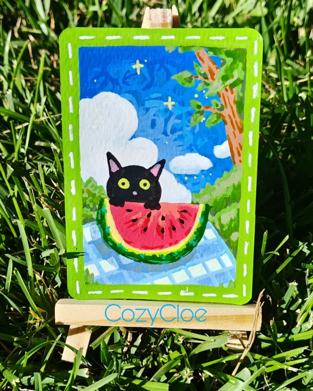 Watermelon Picnic Original ACEO Painting – Ghibli Life Series – Black Cat Miniature Art aceo art card