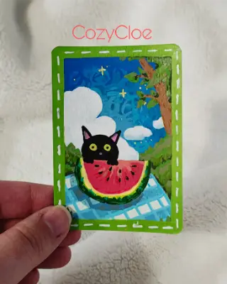 Watermelon Picnic Original ACEO Painting – Ghibli Life Series – Black Cat Miniature Art aceo art card thumbnail 2