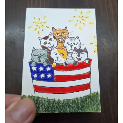 "Patriotic Bucket of Kittens" aceo art card thumbnail 2