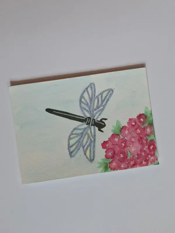 Dragonfly flowers aceo art card